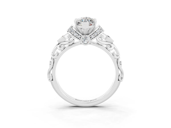 White gold Marquise Cut Moissanite Solitaire Ring with Filigree Band and Four-Prong Setting