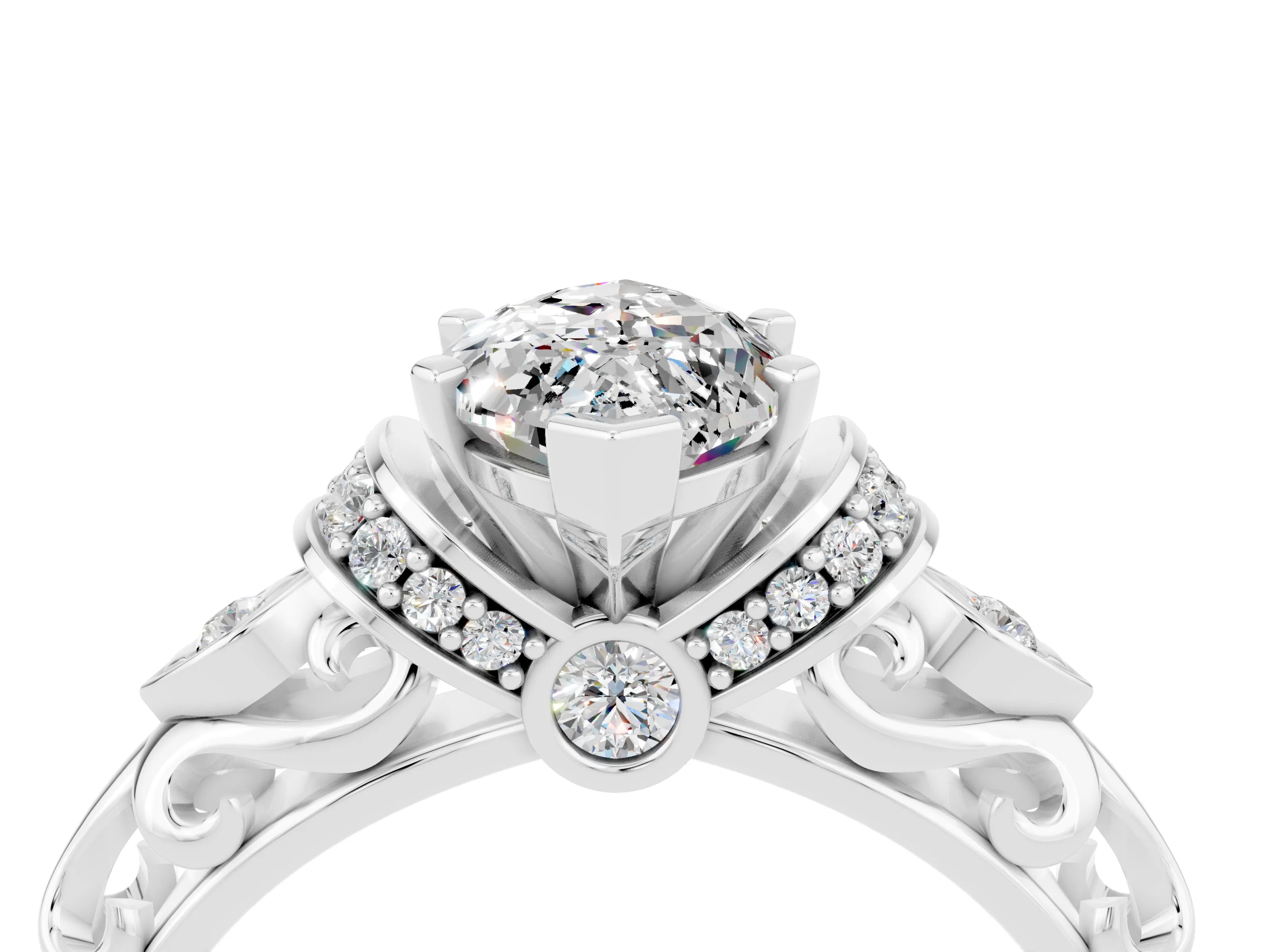 White gold Marquise Cut Moissanite Solitaire Ring with Filigree Band and Four-Prong Setting_28