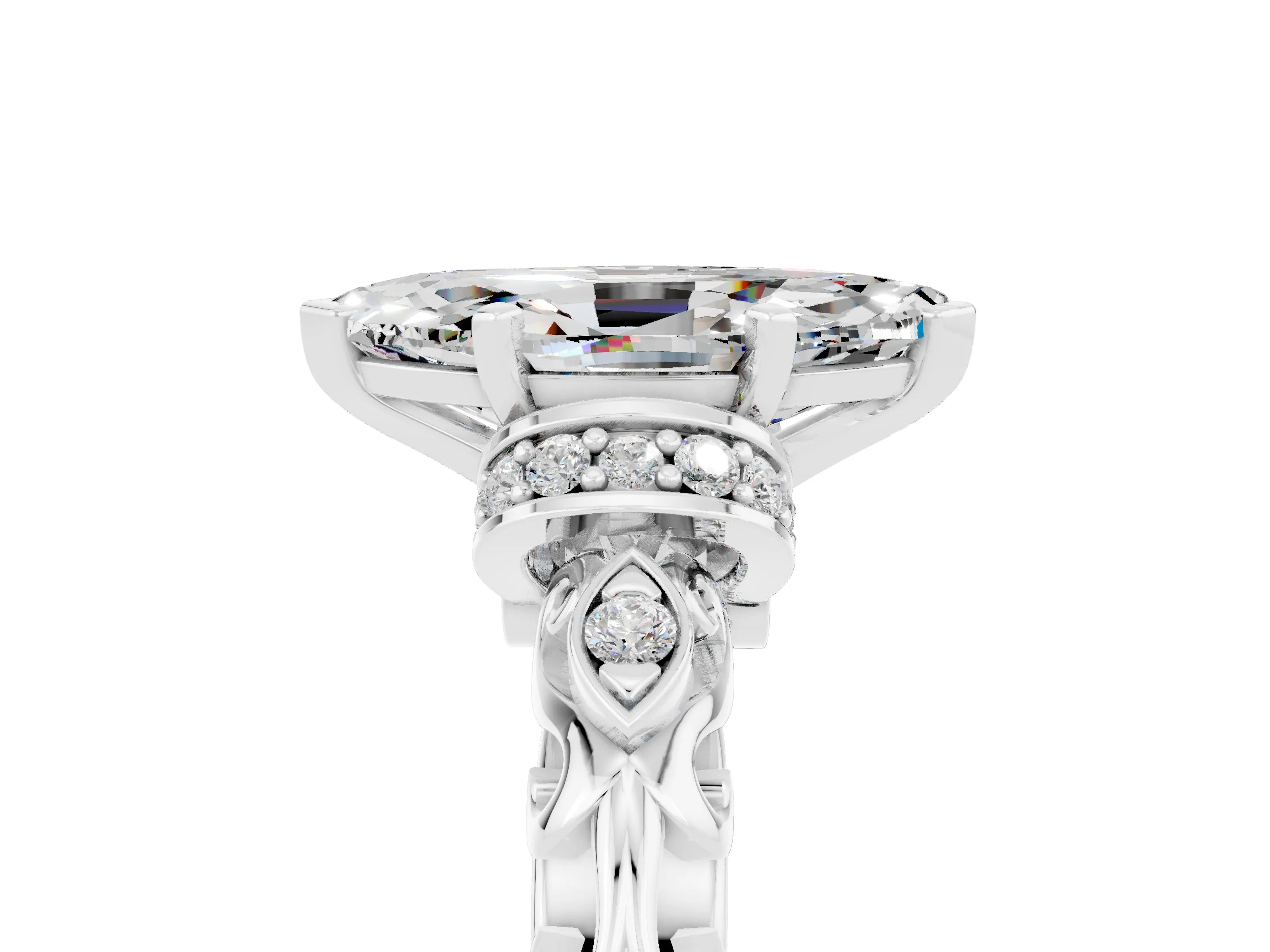 White gold Marquise Cut Moissanite Solitaire Ring with Filigree Band and Four-Prong Setting_29