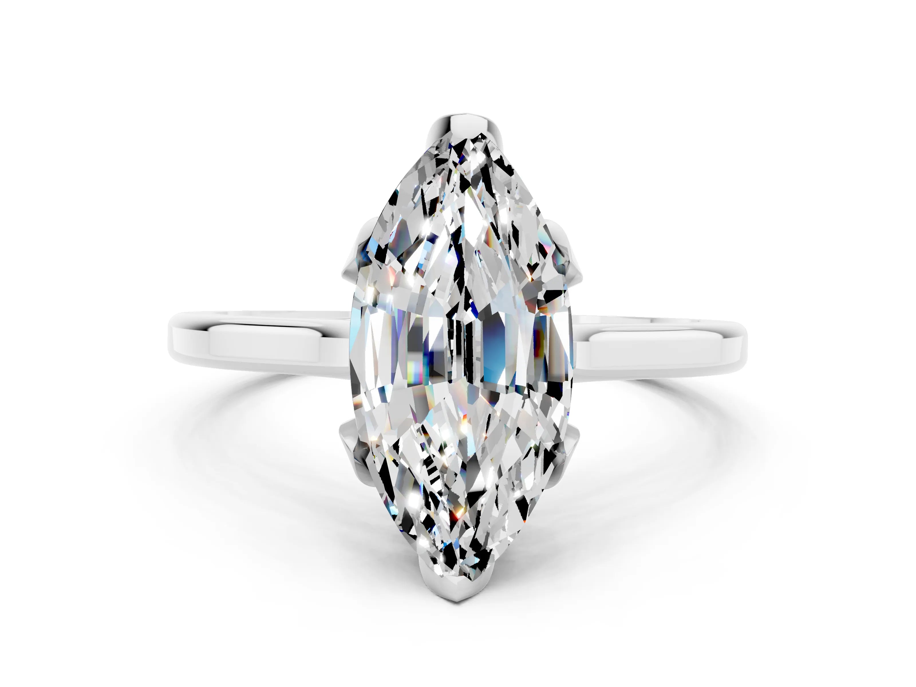 White gold Marquise Cut Moissanite Solitaire Ring with Flower Prong Setting and Classic Band_12
