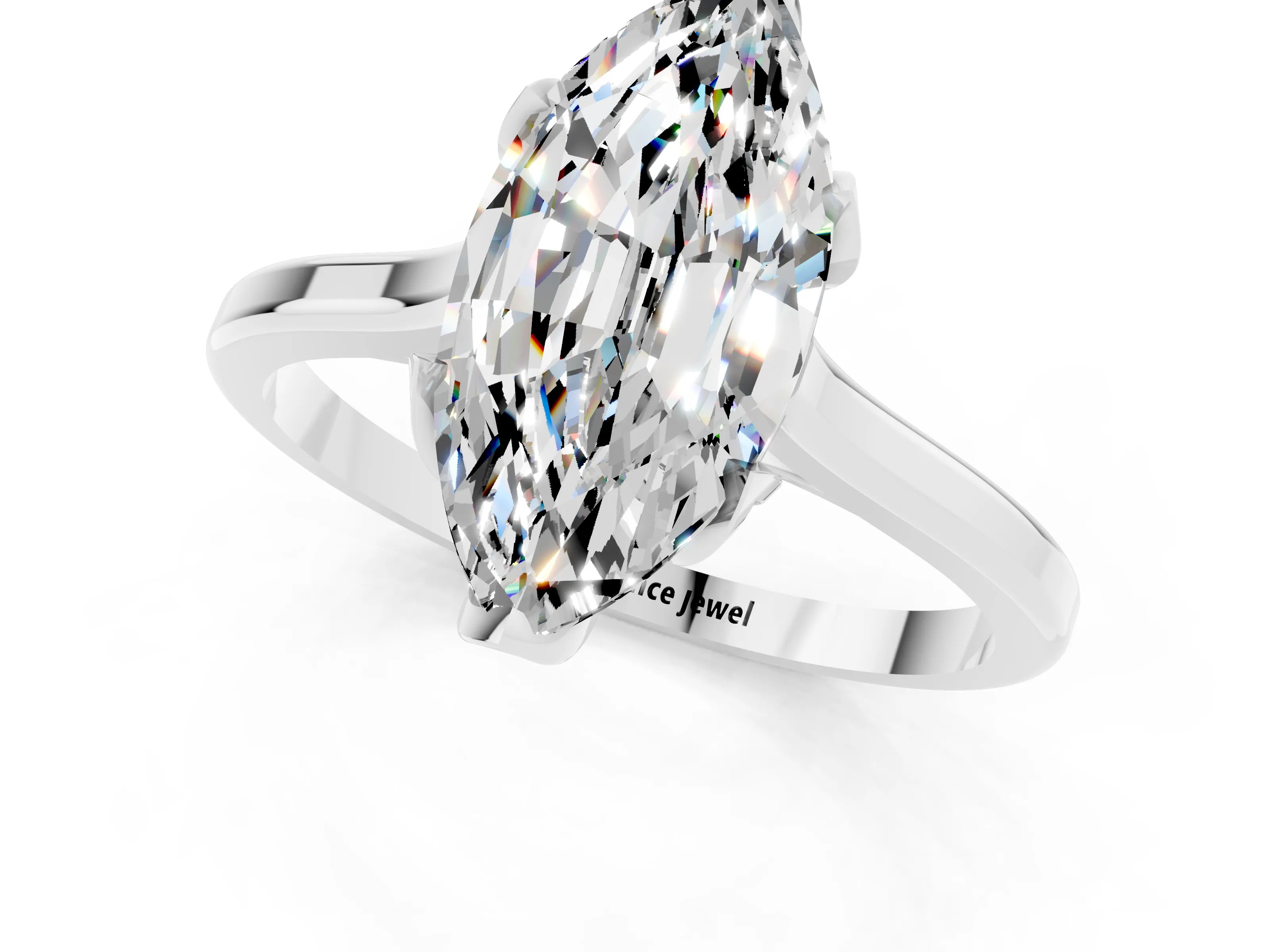 White gold Marquise Cut Moissanite Solitaire Ring with Flower Prong Setting and Classic Band_13