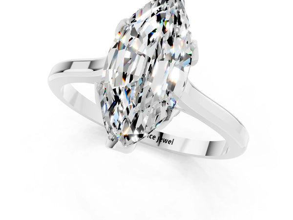 Platinum Marquise Cut Moissanite Solitaire Ring with Flower Prong Setting and Classic Band