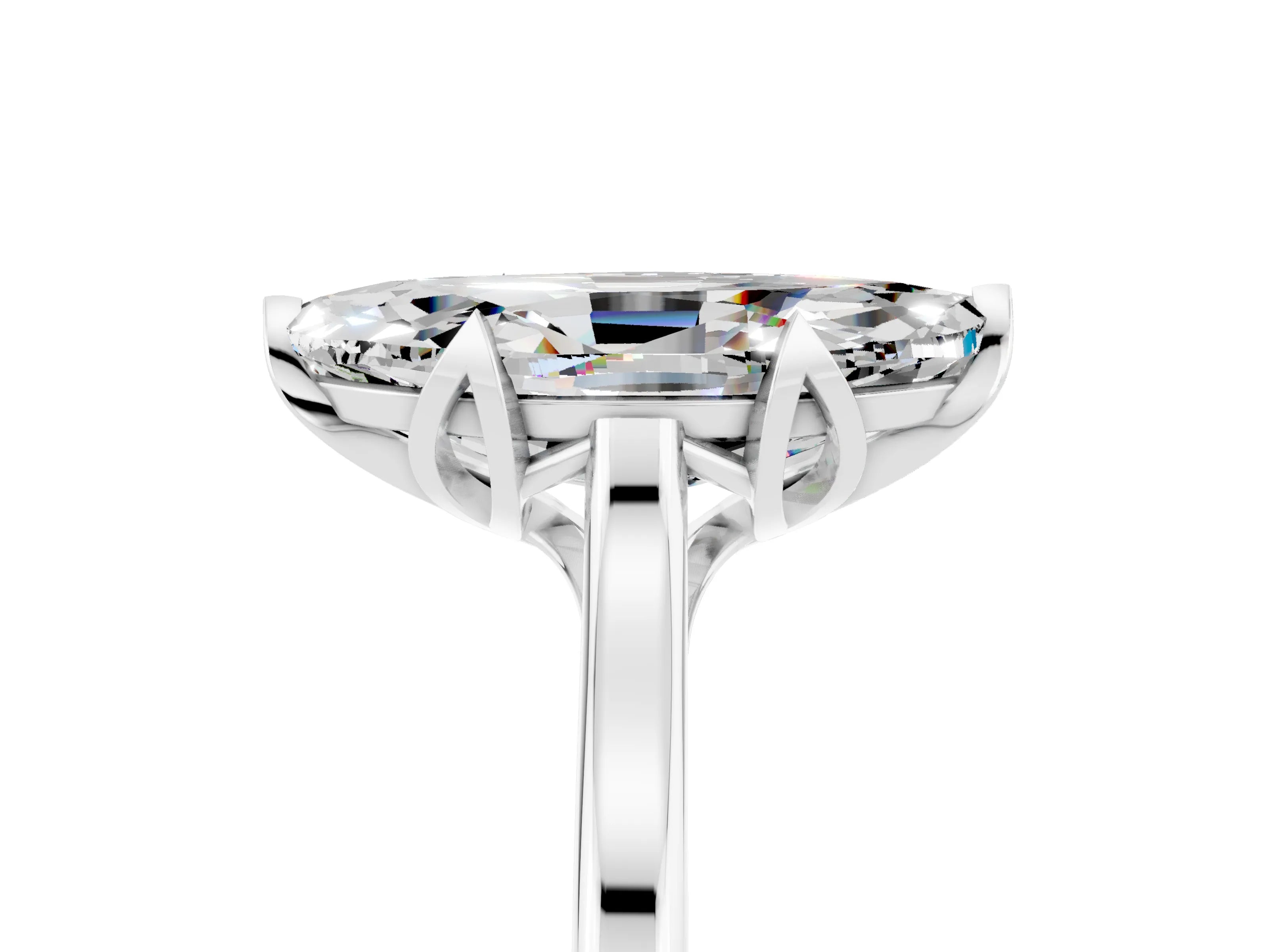 White gold Marquise Cut Moissanite Solitaire Ring with Flower Prong Setting and Classic Band_17