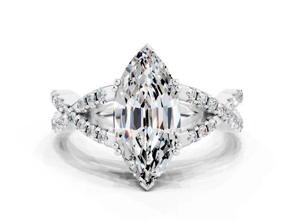 Platinum Marquise Cut Moissanite Solitaire Ring with Four-Prong Setting and Twisted Pavé Band