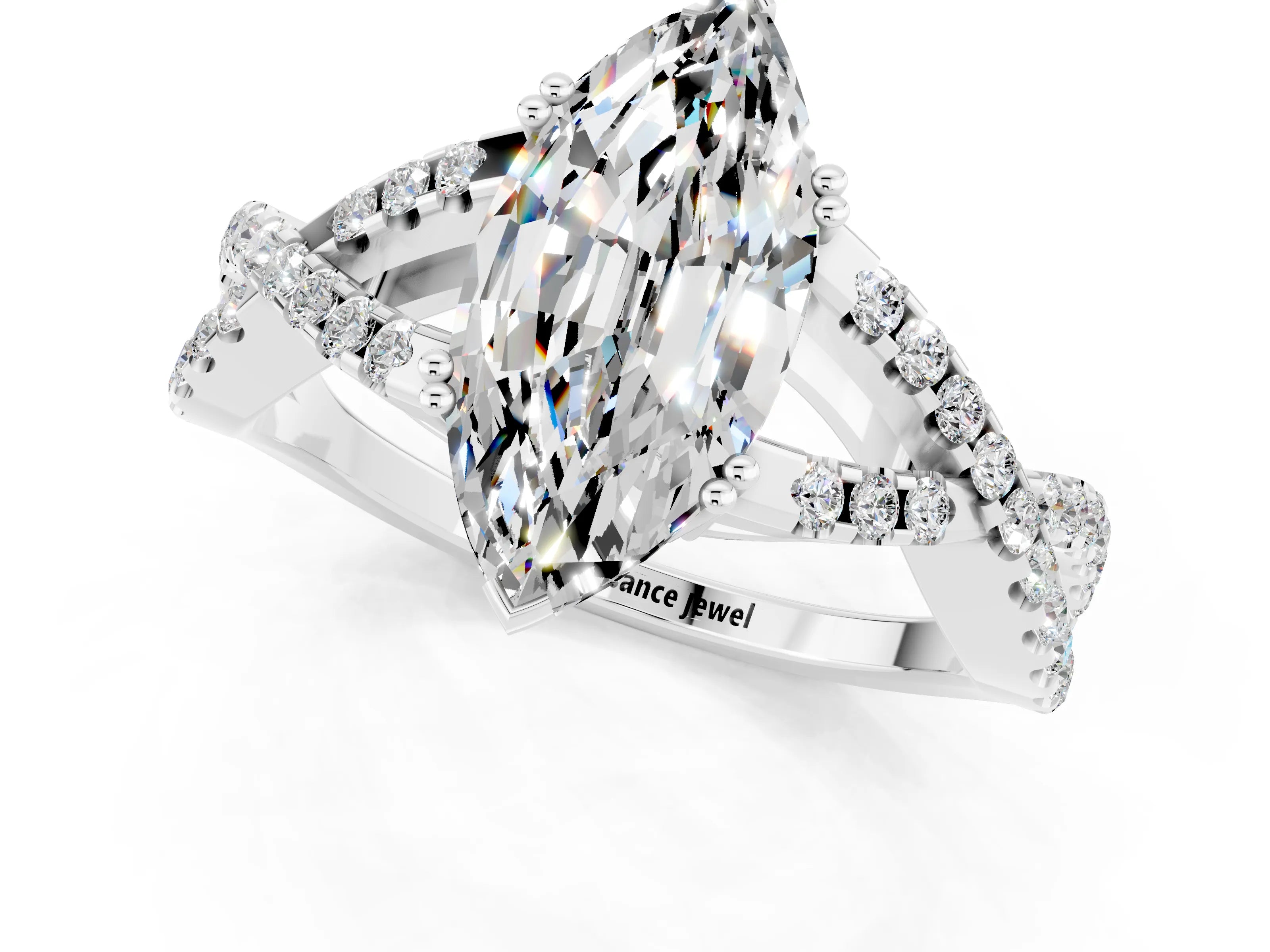 White gold Marquise Cut Moissanite Solitaire Ring with Four-Prong Setting and Twisted Pavé Band_1