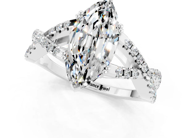 Silver Marquise Cut Moissanite Solitaire Ring with Four-Prong Setting and Twisted Pavé Band