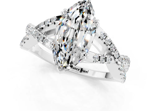 White gold Marquise Cut Moissanite Solitaire Ring with Four-Prong Setting and Twisted Pavé Band_1