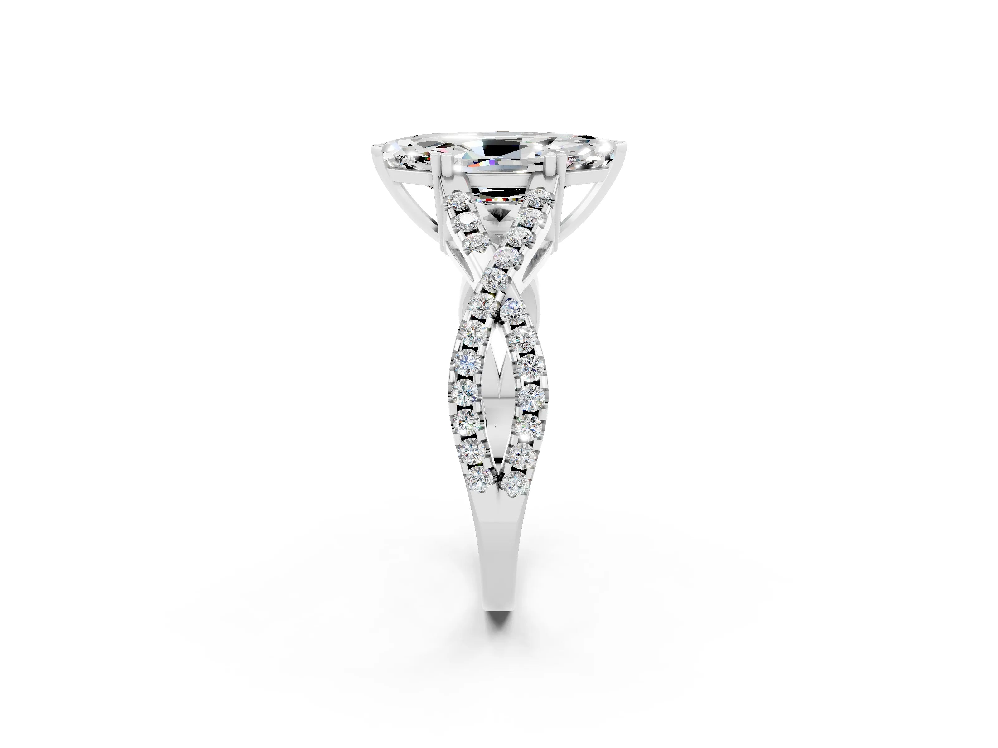 White gold Marquise Cut Moissanite Solitaire Ring with Four-Prong Setting and Twisted Pavé Band_2