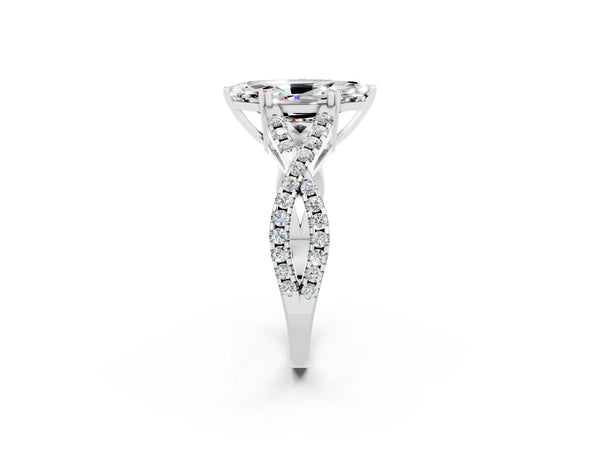 Silver Marquise Cut Moissanite Solitaire Ring with Four-Prong Setting and Twisted Pavé Band