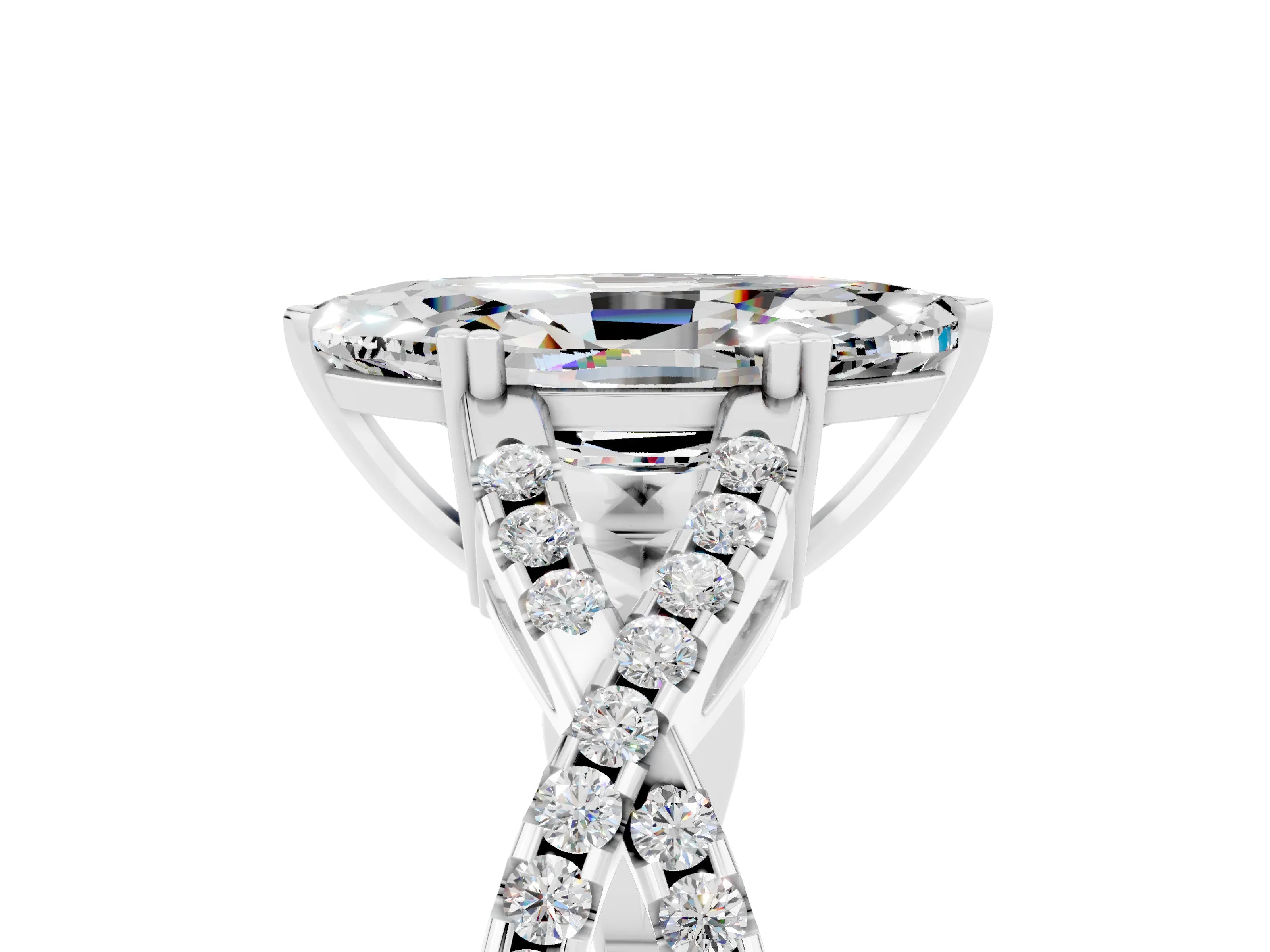 White gold Marquise Cut Moissanite Solitaire Ring with Four-Prong Setting and Twisted Pavé Band_5