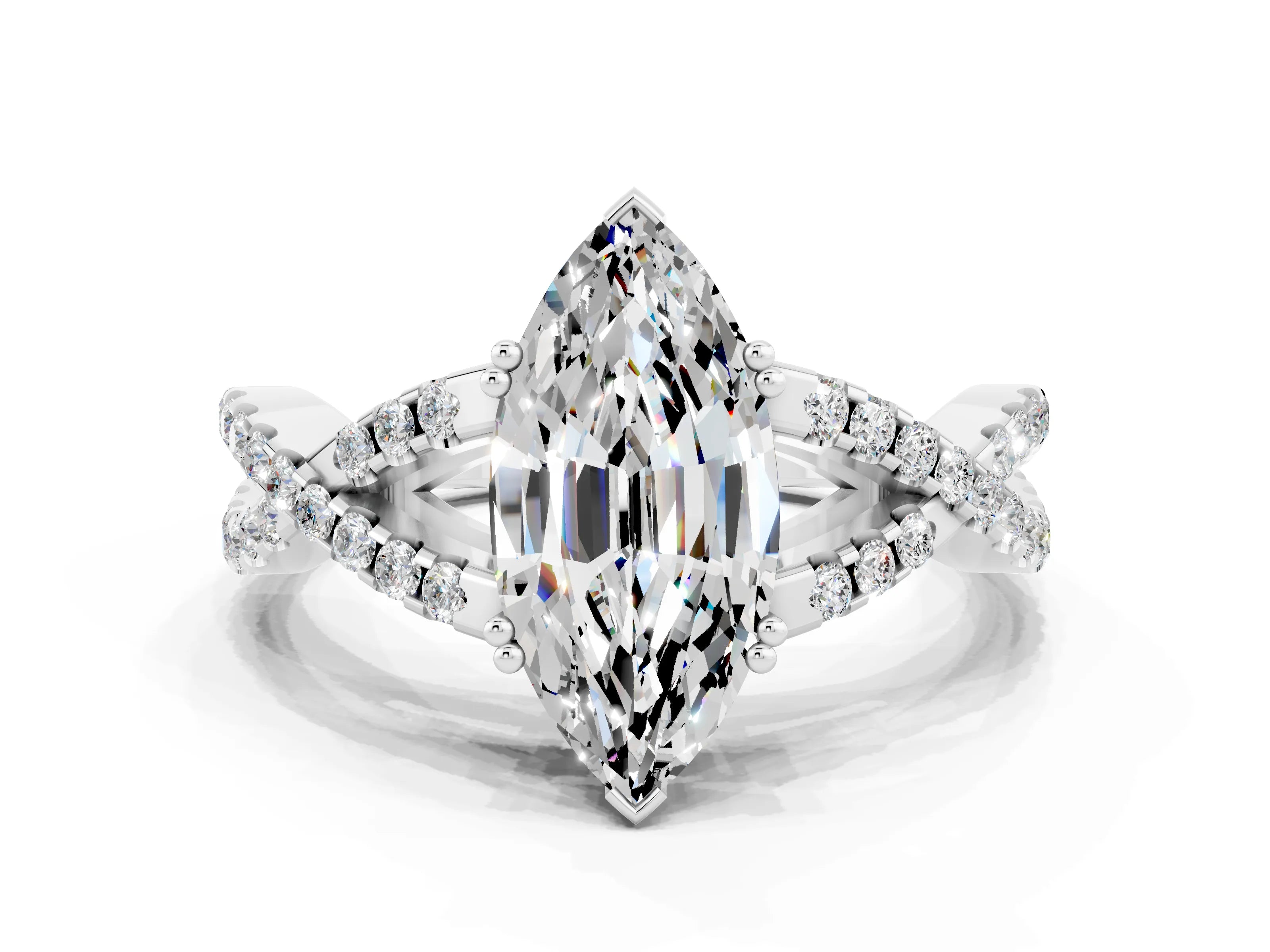 White gold Marquise Cut Moissanite Solitaire Ring with Four-Prong Setting and Twisted Pavé Band