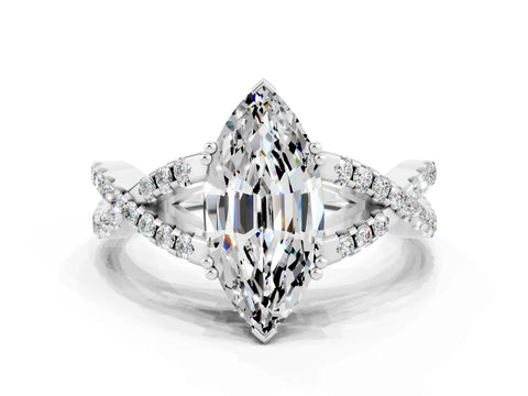 White gold Marquise Cut Moissanite Solitaire Ring with Four-Prong Setting and Twisted Pavé Band