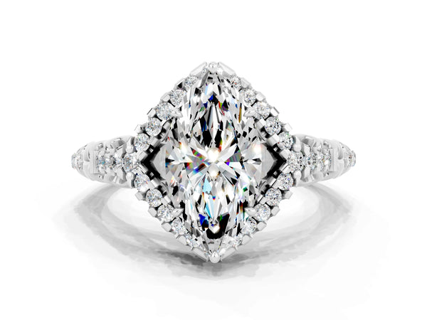 Silver Marquise Cut Moissanite Solitaire Ring with Hidden Halo and Pavé Band