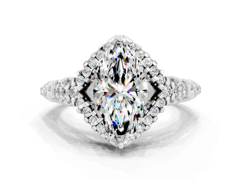 White gold Marquise Cut Moissanite Solitaire Ring with Hidden Halo and Pavé Band_12