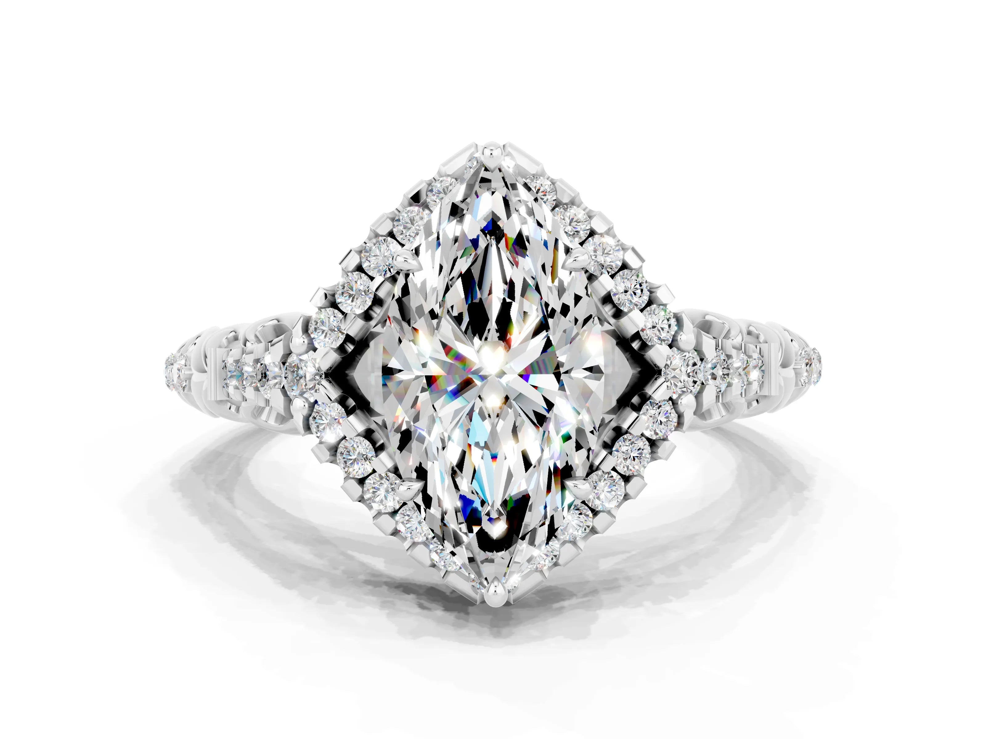 White gold Marquise Cut Moissanite Solitaire Ring with Hidden Halo and Pavé Band_12