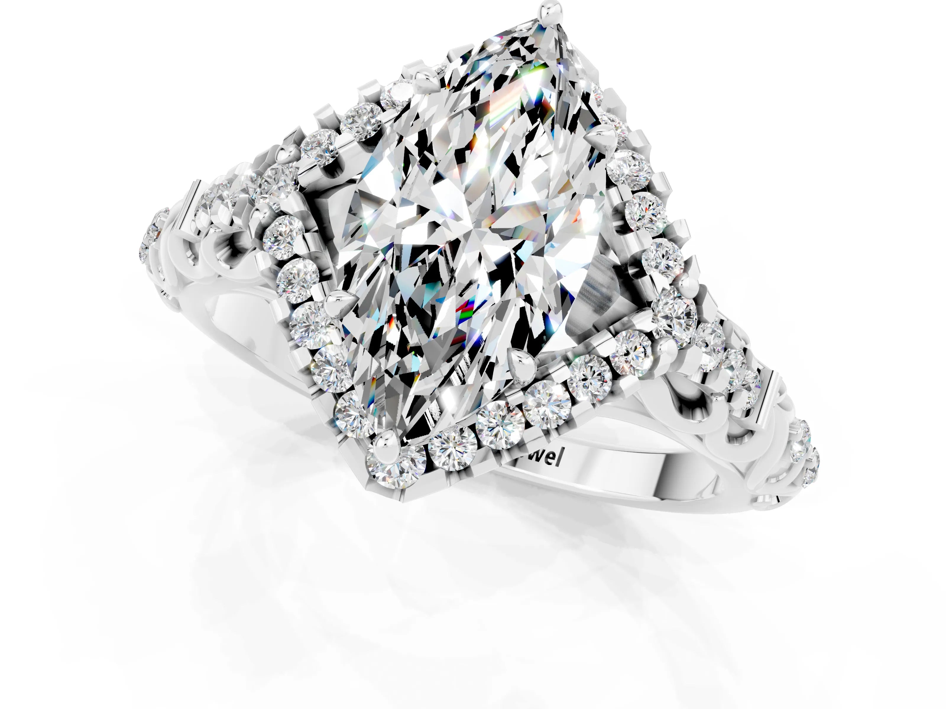 White gold Marquise Cut Moissanite Solitaire Ring with Hidden Halo and Pavé Band_13