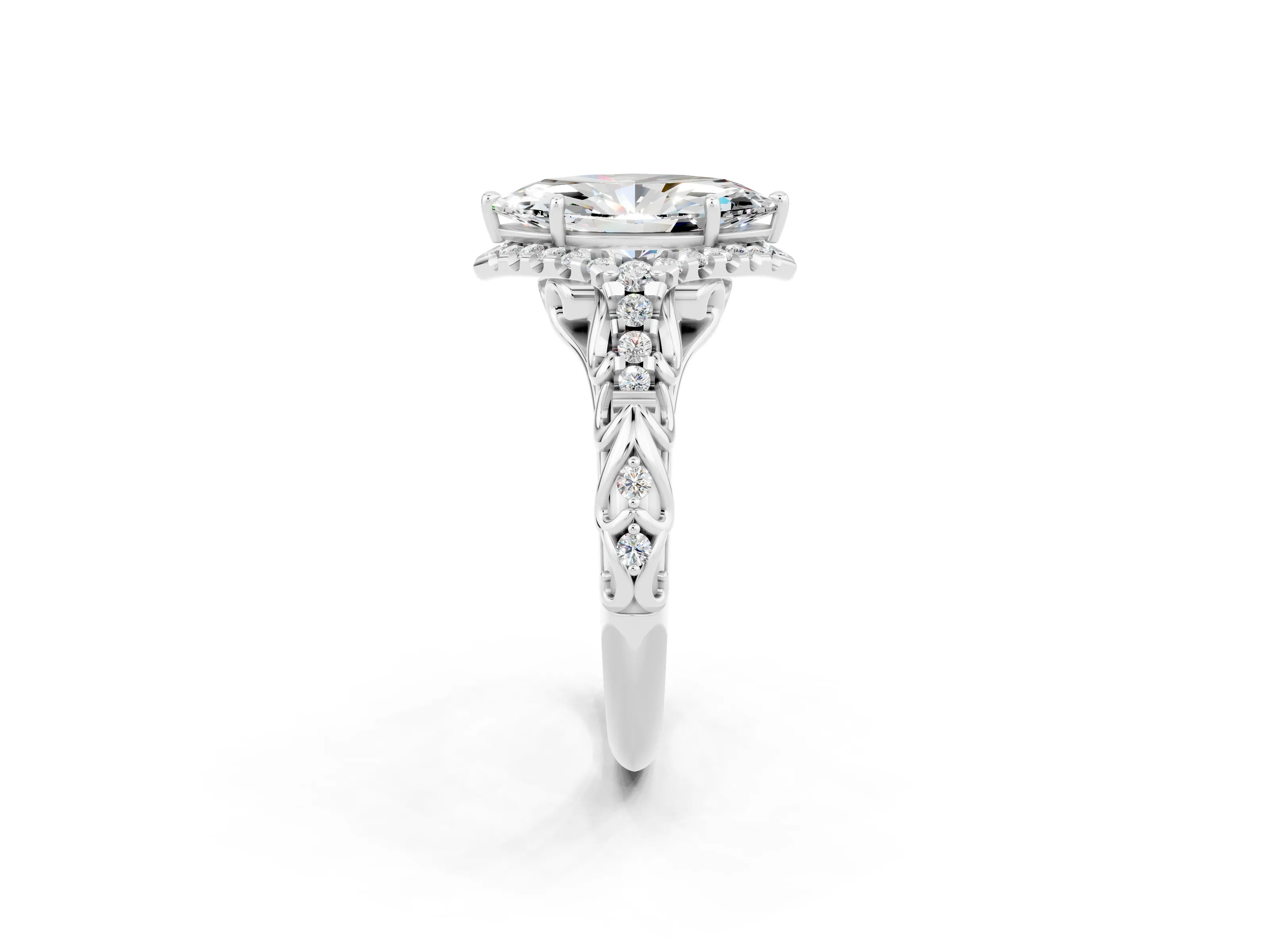 White gold Marquise Cut Moissanite Solitaire Ring with Hidden Halo and Pavé Band_14