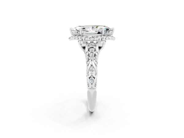 Platinum Marquise Cut Moissanite Solitaire Ring with Hidden Halo and Pavé Band