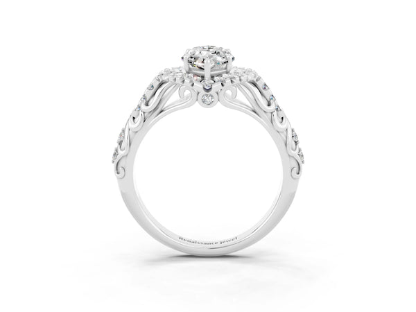 Platinum Marquise Cut Moissanite Solitaire Ring with Hidden Halo and Pavé Band
