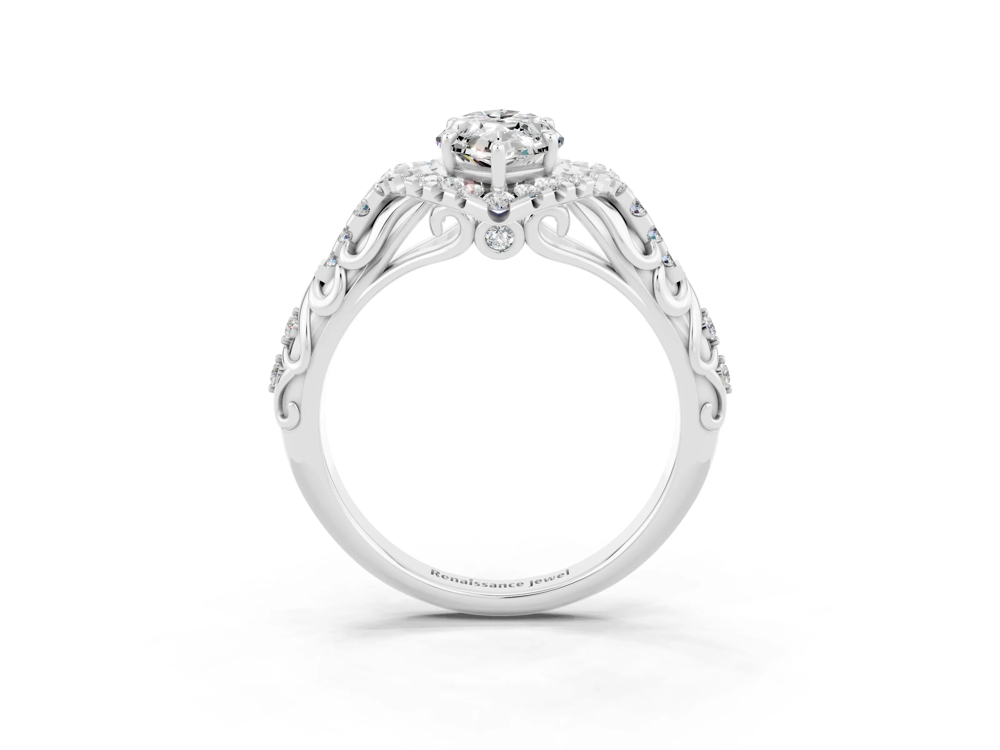 White gold Marquise Cut Moissanite Solitaire Ring with Hidden Halo and Pavé Band_15