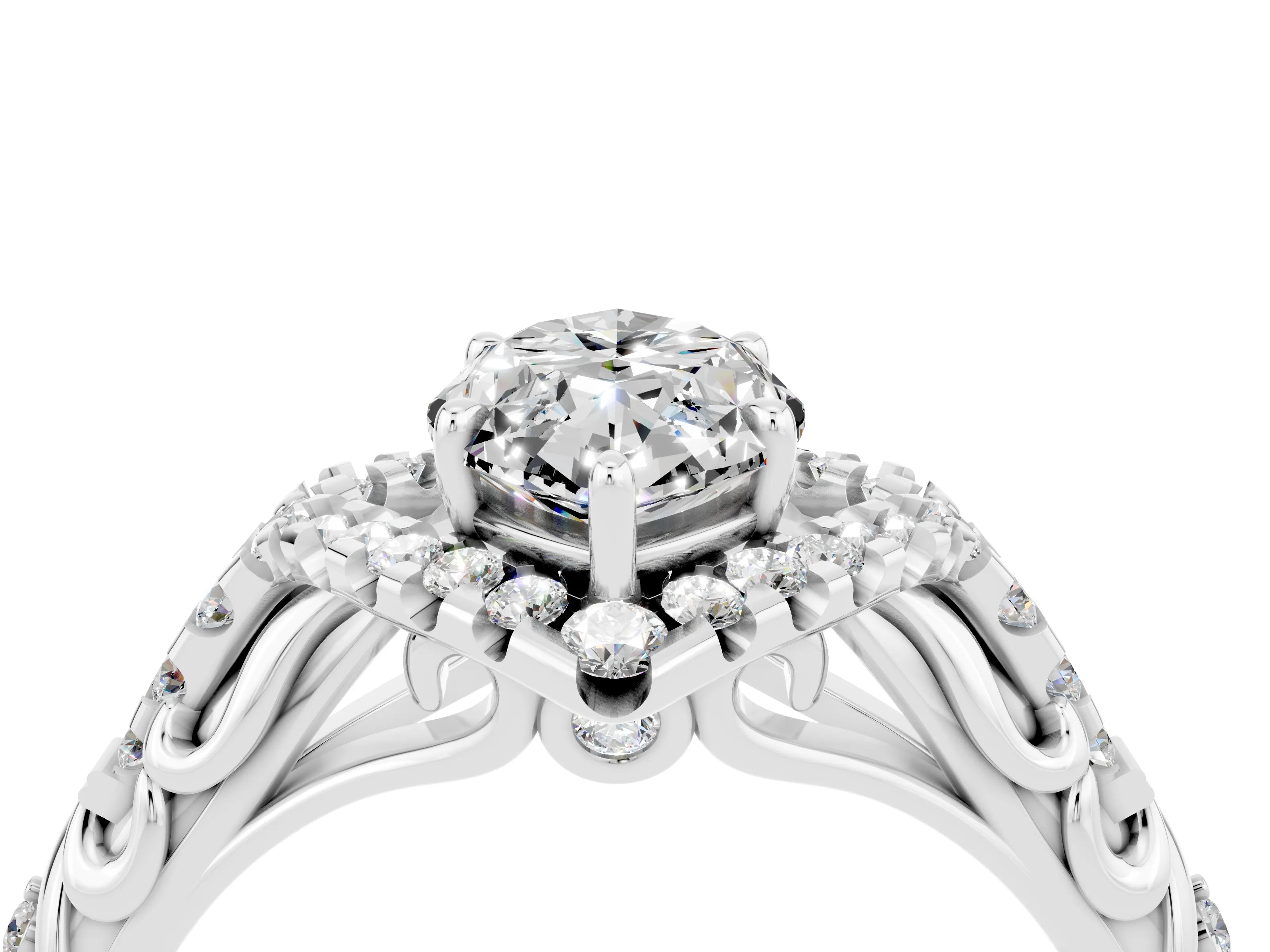 White gold Marquise Cut Moissanite Solitaire Ring with Hidden Halo and Pavé Band_16