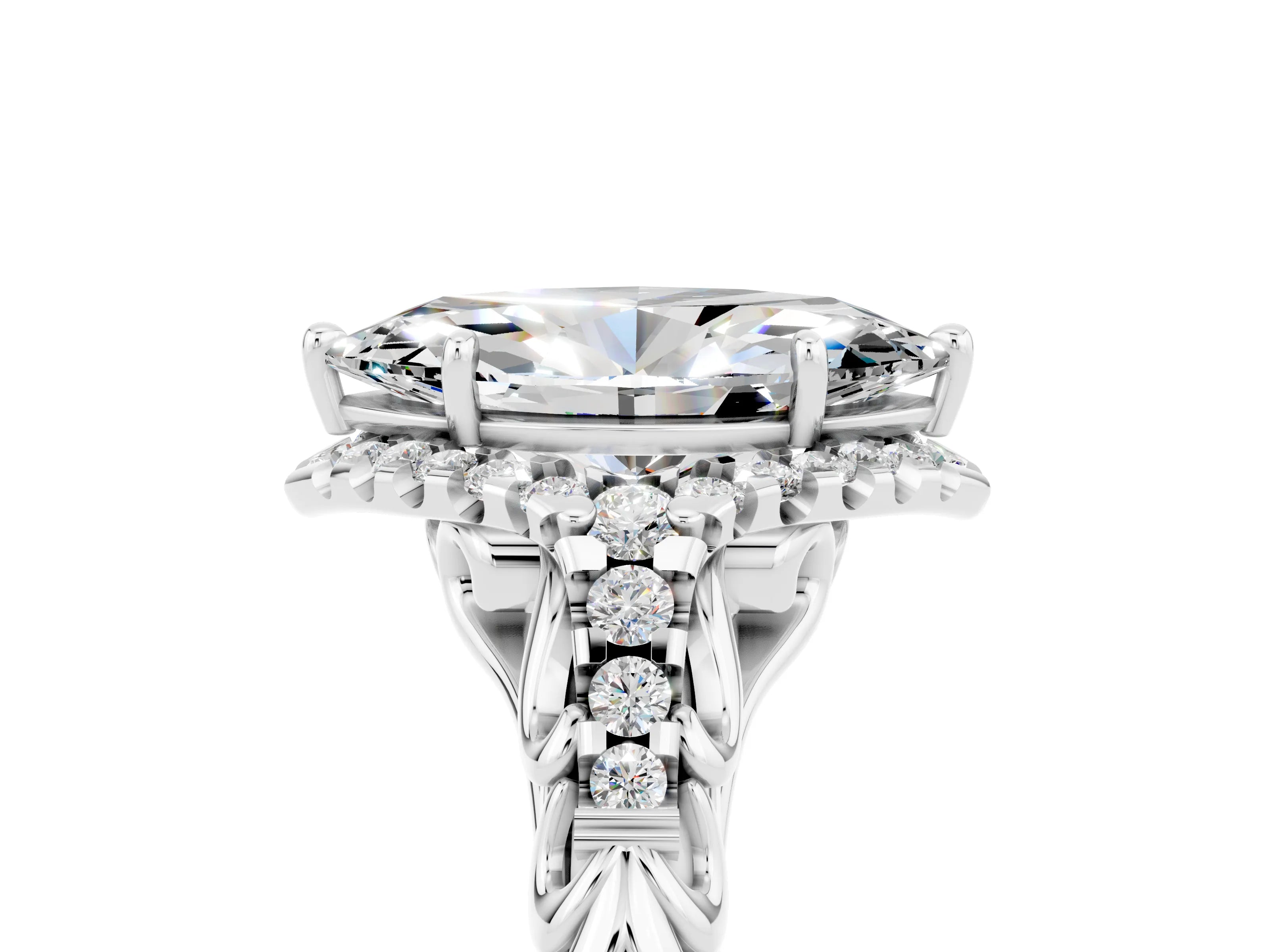 White gold Marquise Cut Moissanite Solitaire Ring with Hidden Halo and Pavé Band_17