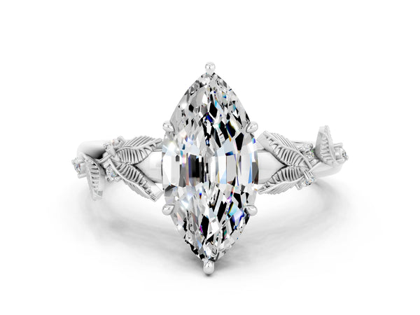 Platinum Marquise Cut Moissanite Solitaire Ring with Leaf Motif Band and Four-Prong Setting
