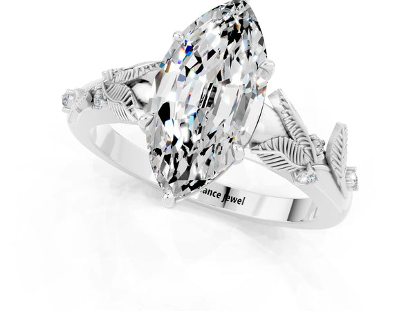 Platinum Marquise Cut Moissanite Solitaire Ring with Leaf Motif Band and Four-Prong Setting