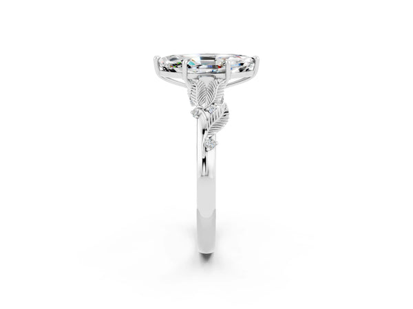 White gold Marquise Cut Moissanite Solitaire Ring with Leaf Motif Band and Four-Prong Setting