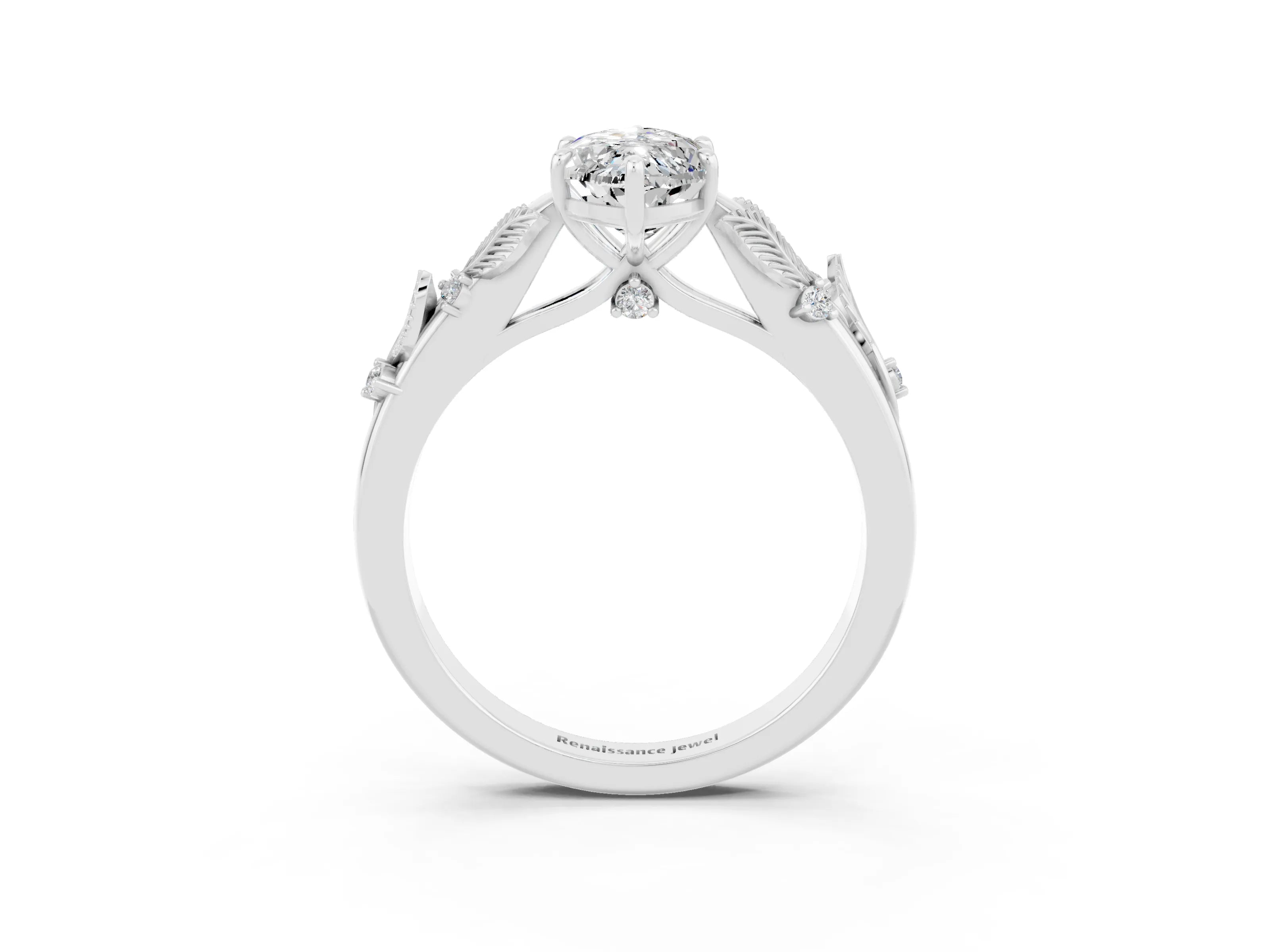 White gold Marquise Cut Moissanite Solitaire Ring with Leaf Motif Band and Four-Prong Setting_15