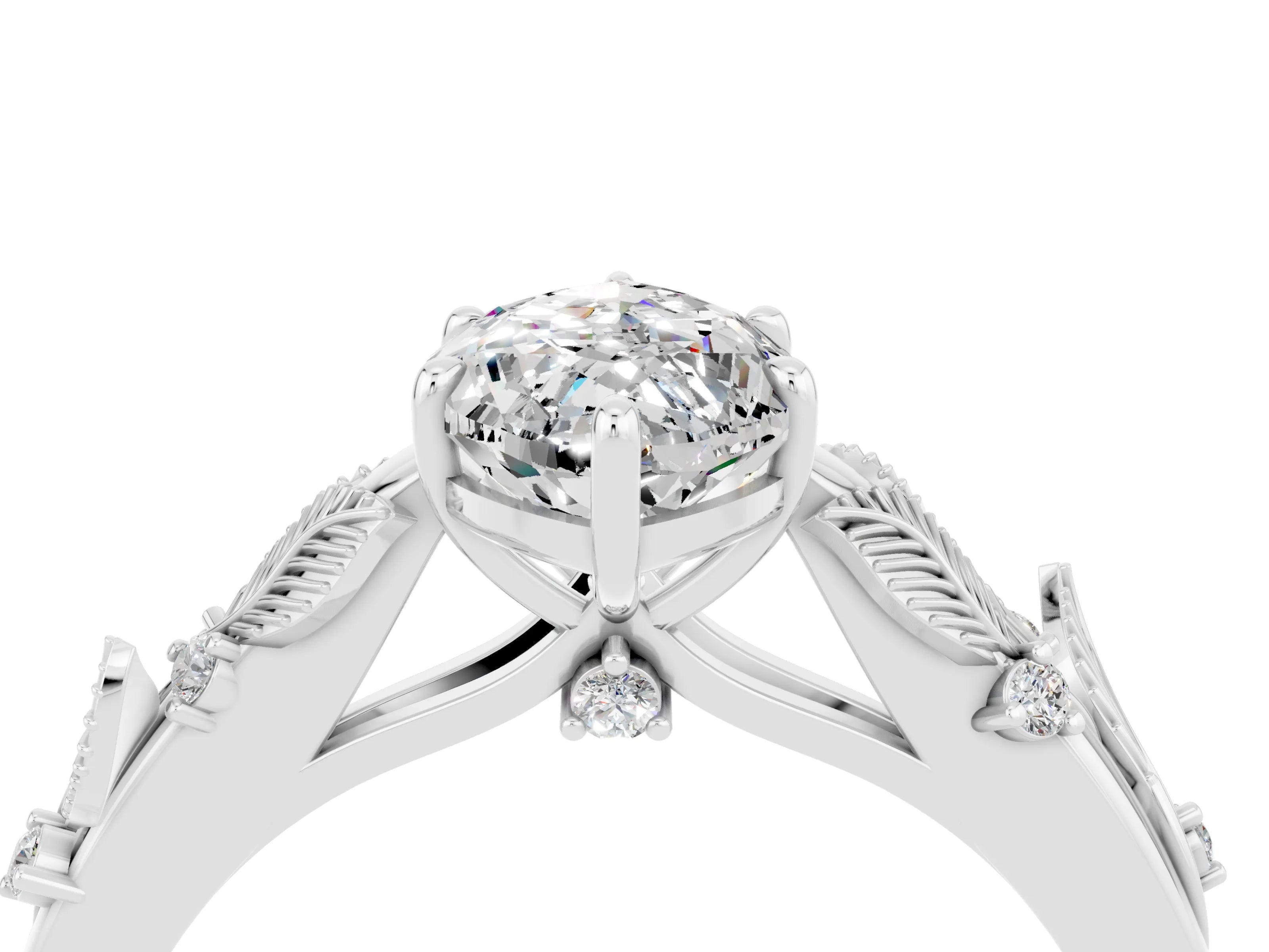White gold Marquise Cut Moissanite Solitaire Ring with Leaf Motif Band and Four-Prong Setting_16