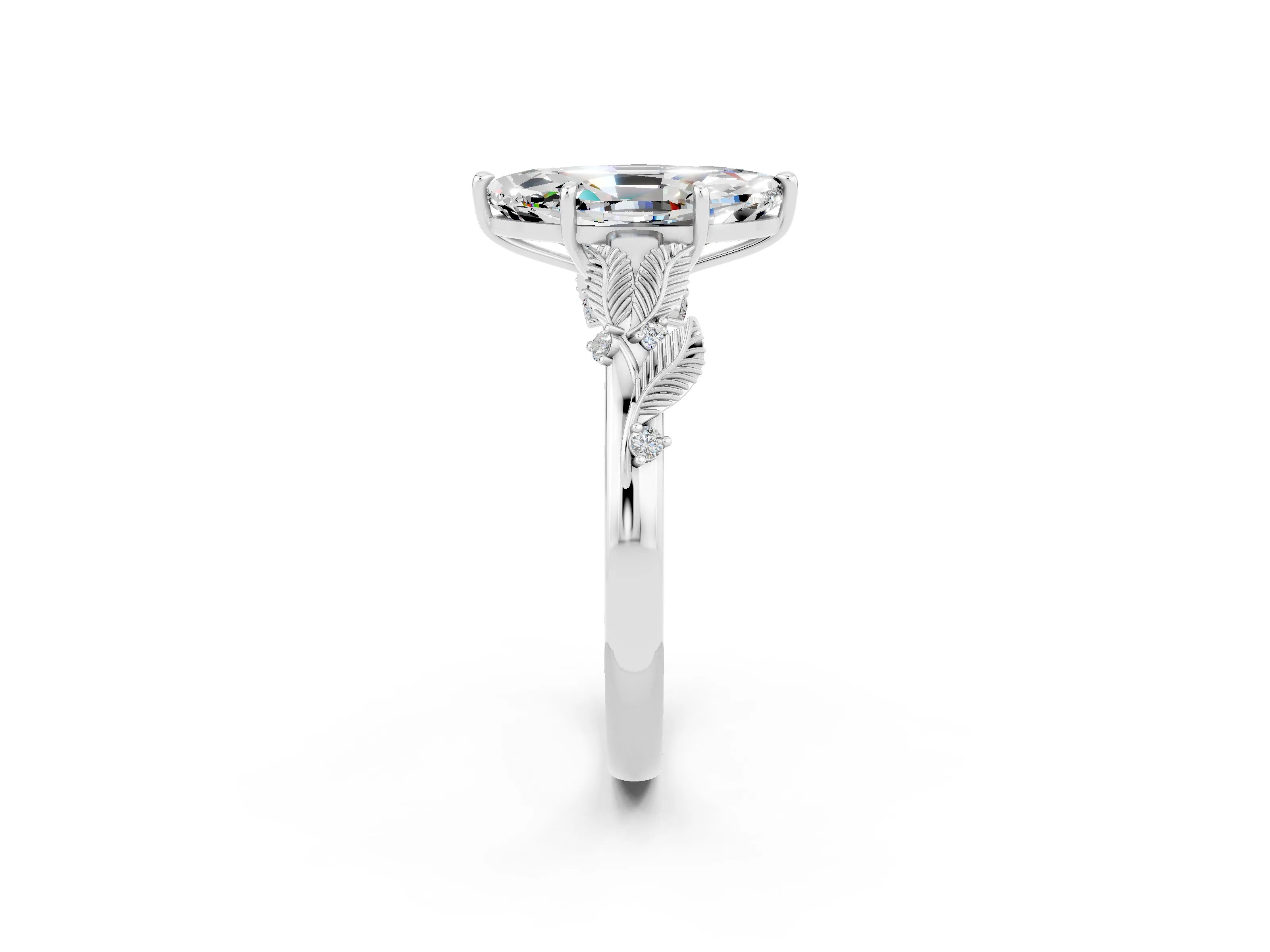 White gold Marquise Cut Moissanite Solitaire Ring with Leaf Motif Band and Four-Prong Setting_2