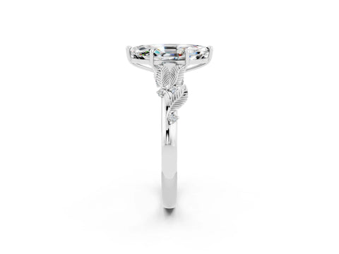 White gold Marquise Cut Moissanite Solitaire Ring with Leaf Motif Band and Four-Prong Setting_2