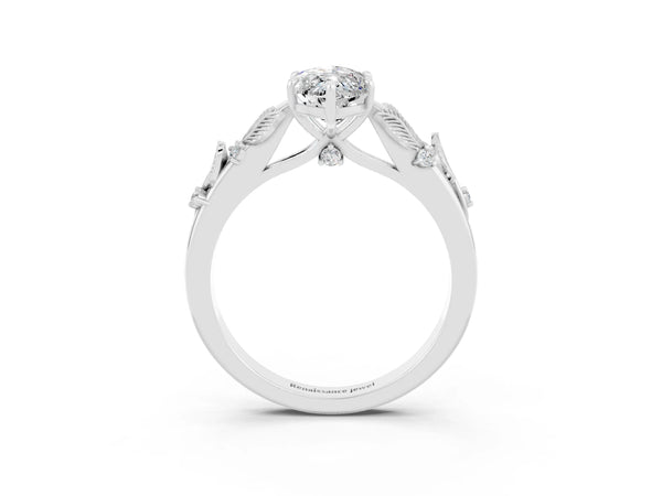 Platinum Marquise Cut Moissanite Solitaire Ring with Leaf Motif Band and Four-Prong Setting