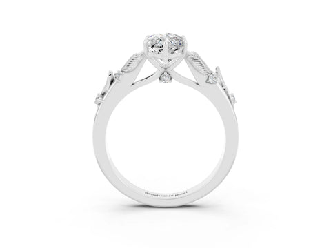 White gold Marquise Cut Moissanite Solitaire Ring with Leaf Motif Band and Four-Prong Setting_3