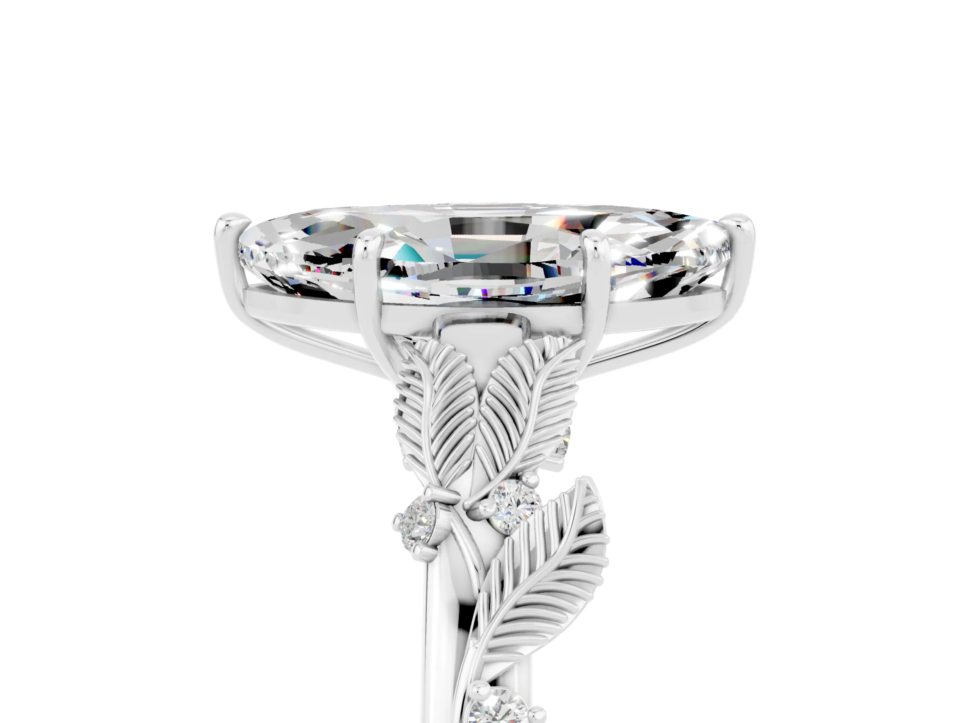 White gold Marquise Cut Moissanite Solitaire Ring with Leaf Motif Band and Four-Prong Setting_5