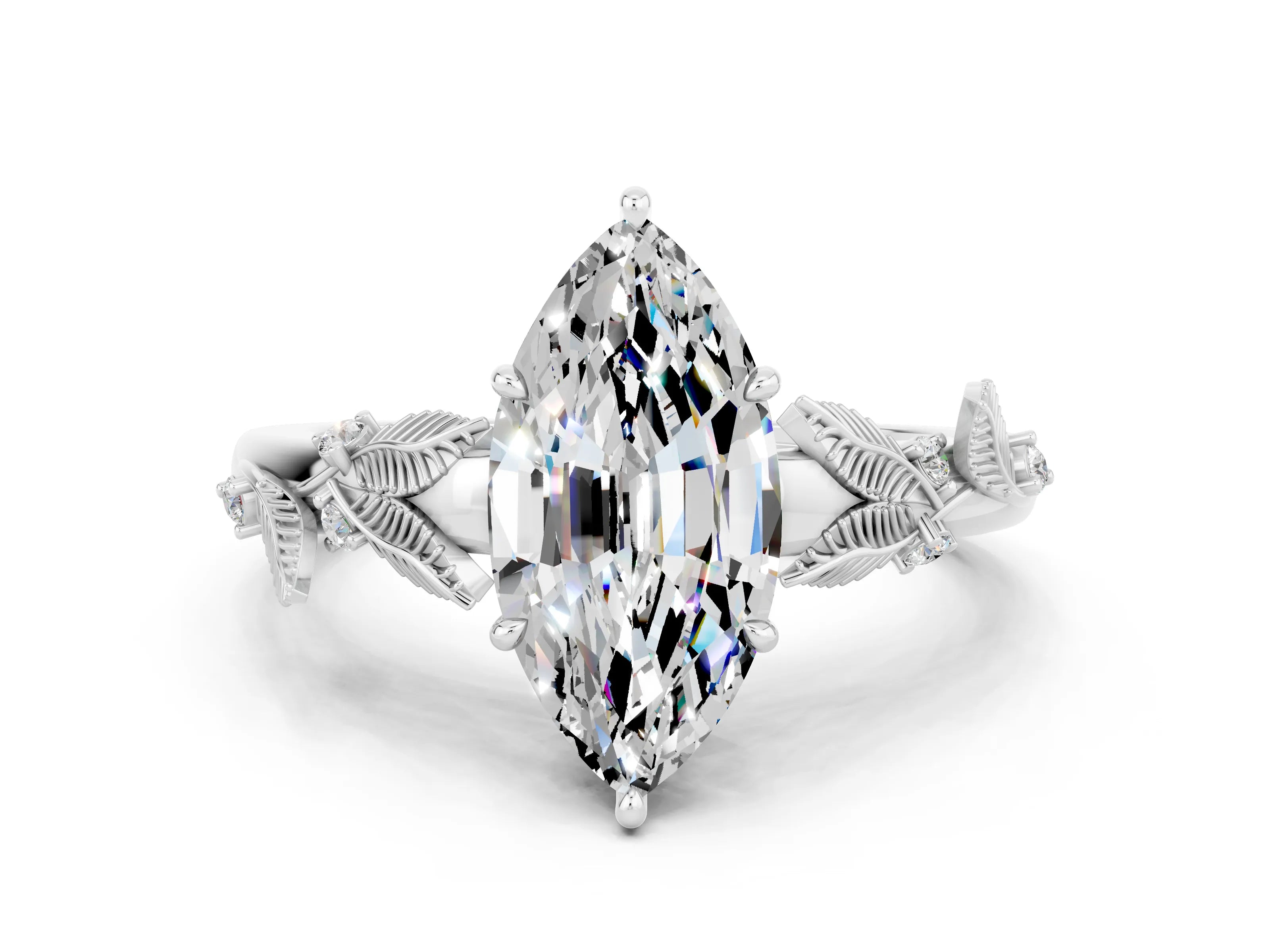 White gold Marquise Cut Moissanite Solitaire Ring with Leaf Motif Band and Four-Prong Setting