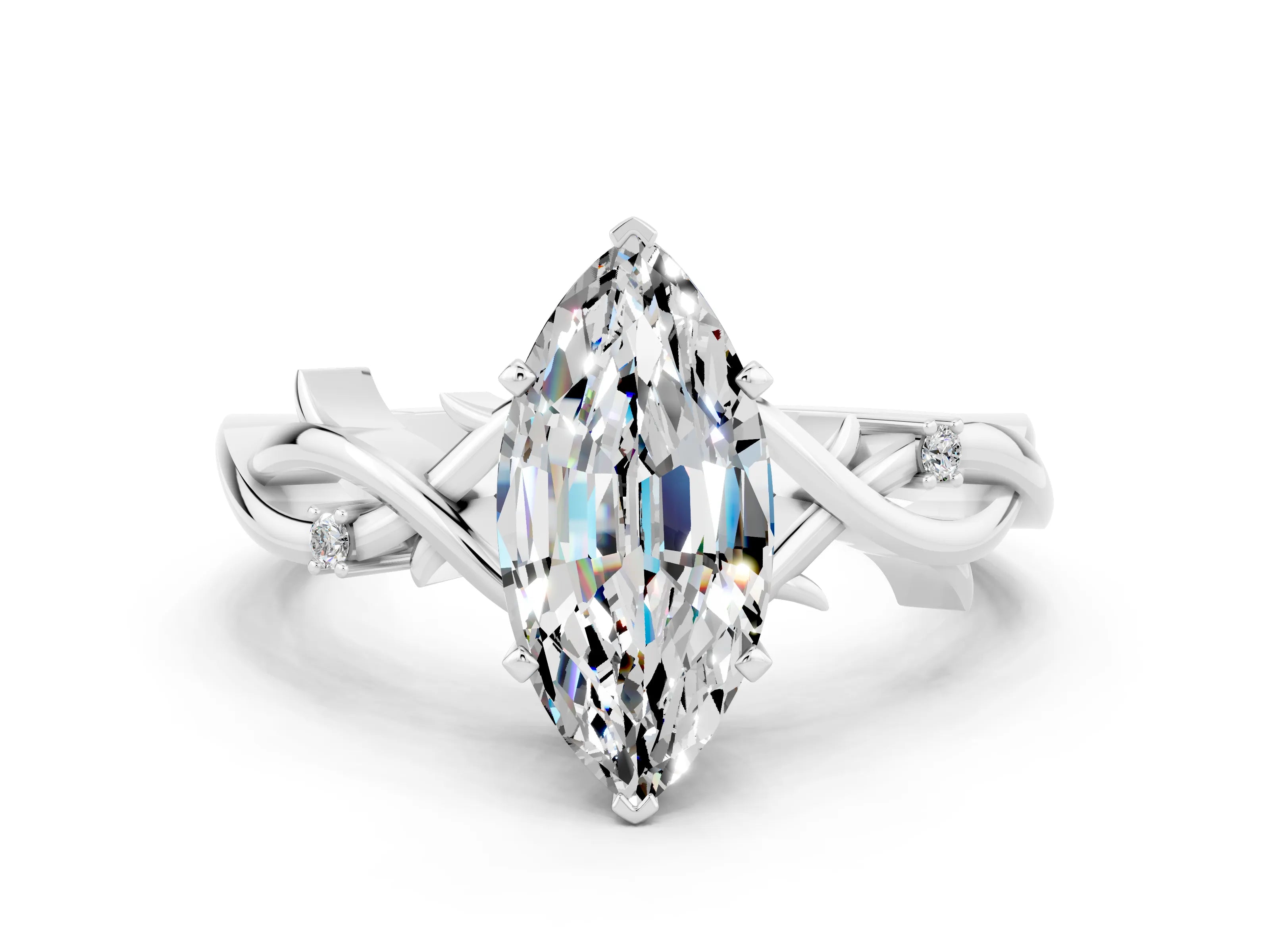 White gold Marquise Cut Moissanite Solitaire Ring with Milgrain Pavé Band and Four-Prong Setting_12