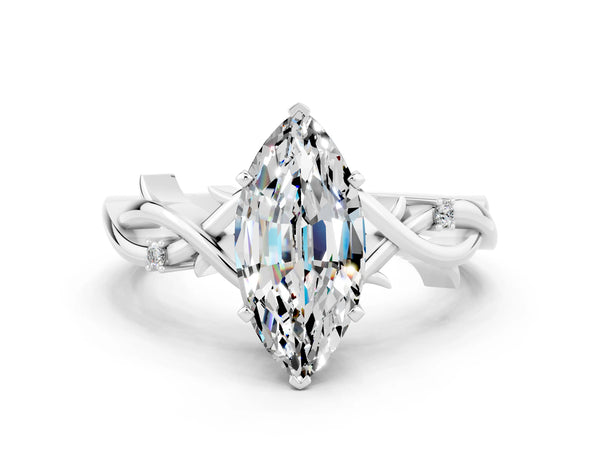 Silver Marquise Cut Moissanite Solitaire Ring with Milgrain Pavé Band and Four-Prong Setting
