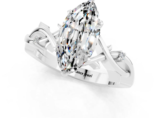 Platinum Marquise Cut Moissanite Solitaire Ring with Milgrain Pavé Band and Four-Prong Setting