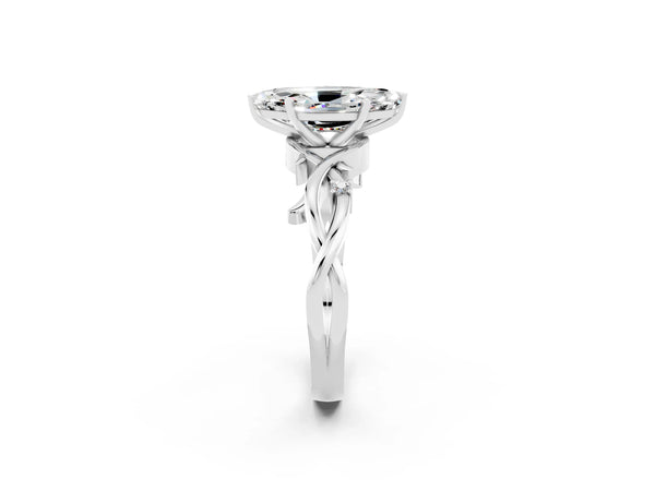 Platinum Marquise Cut Moissanite Solitaire Ring with Milgrain Pavé Band and Four-Prong Setting