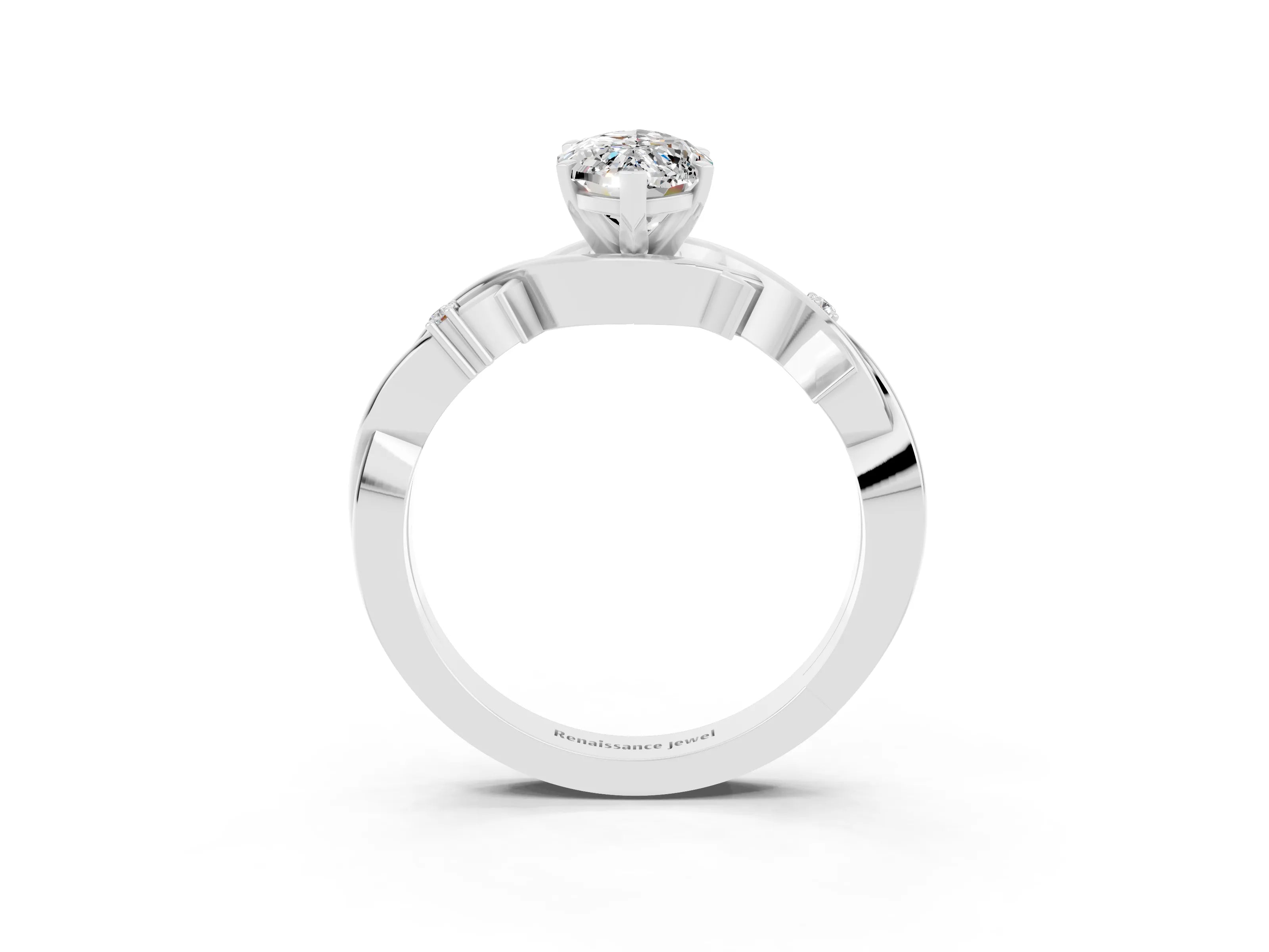 White gold Marquise Cut Moissanite Solitaire Ring with Milgrain Pavé Band and Four-Prong Setting_15