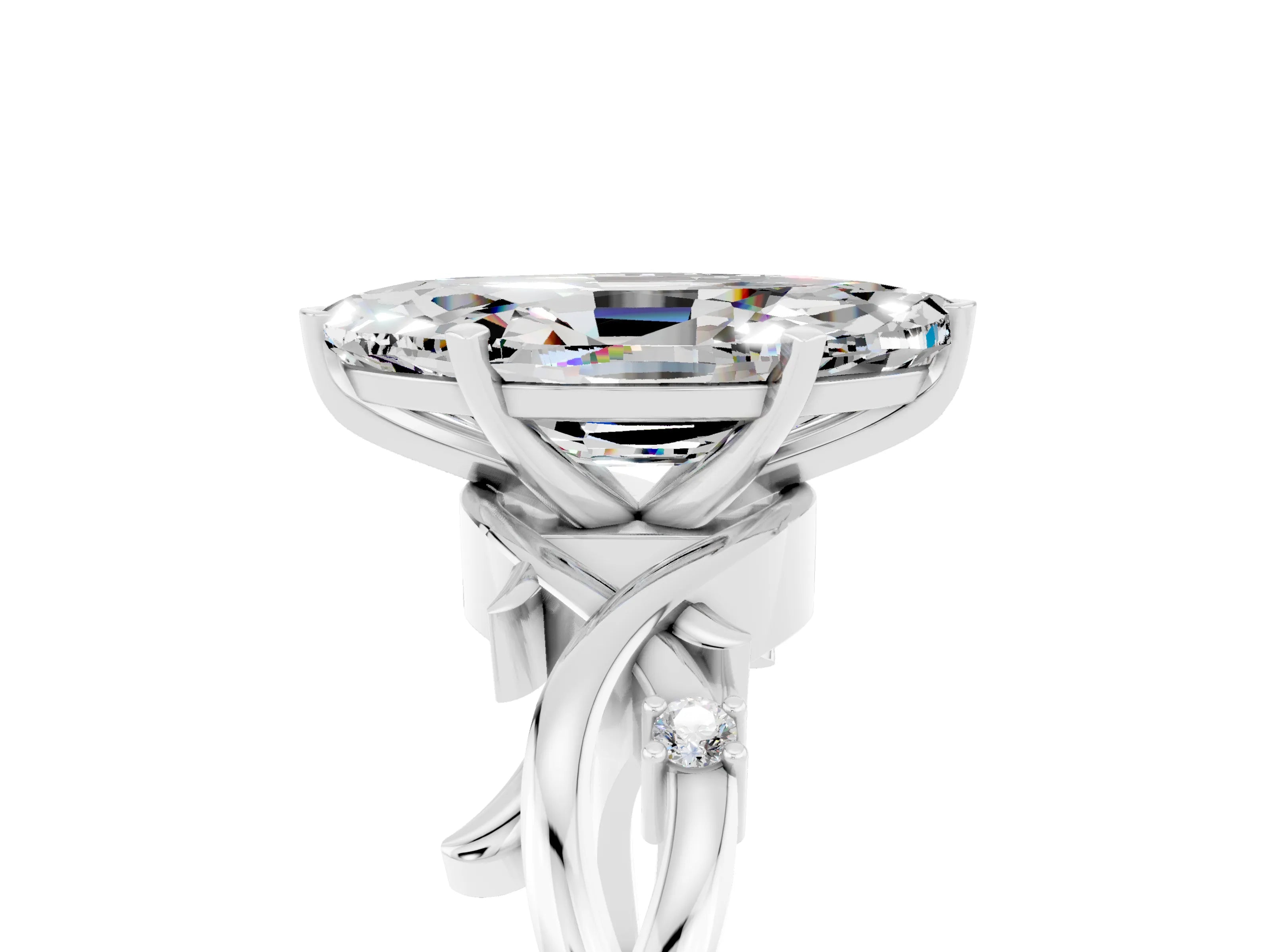 White gold Marquise Cut Moissanite Solitaire Ring with Milgrain Pavé Band and Four-Prong Setting_17