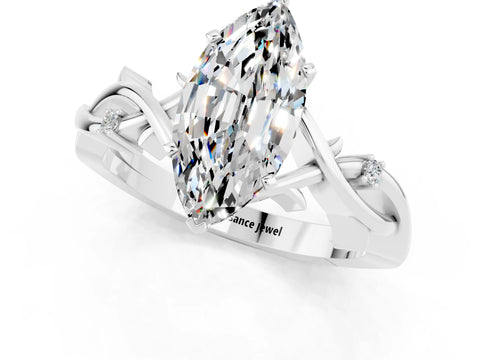 White gold Marquise Cut Moissanite Solitaire Ring with Milgrain Pavé Band and Four-Prong Setting_37