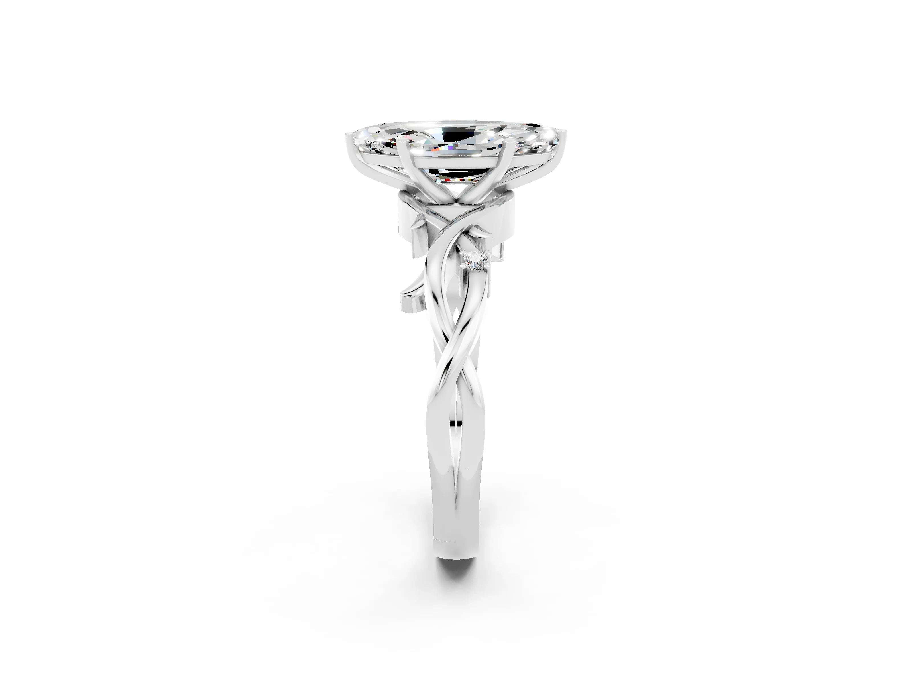 White gold Marquise Cut Moissanite Solitaire Ring with Milgrain Pavé Band and Four-Prong Setting_38