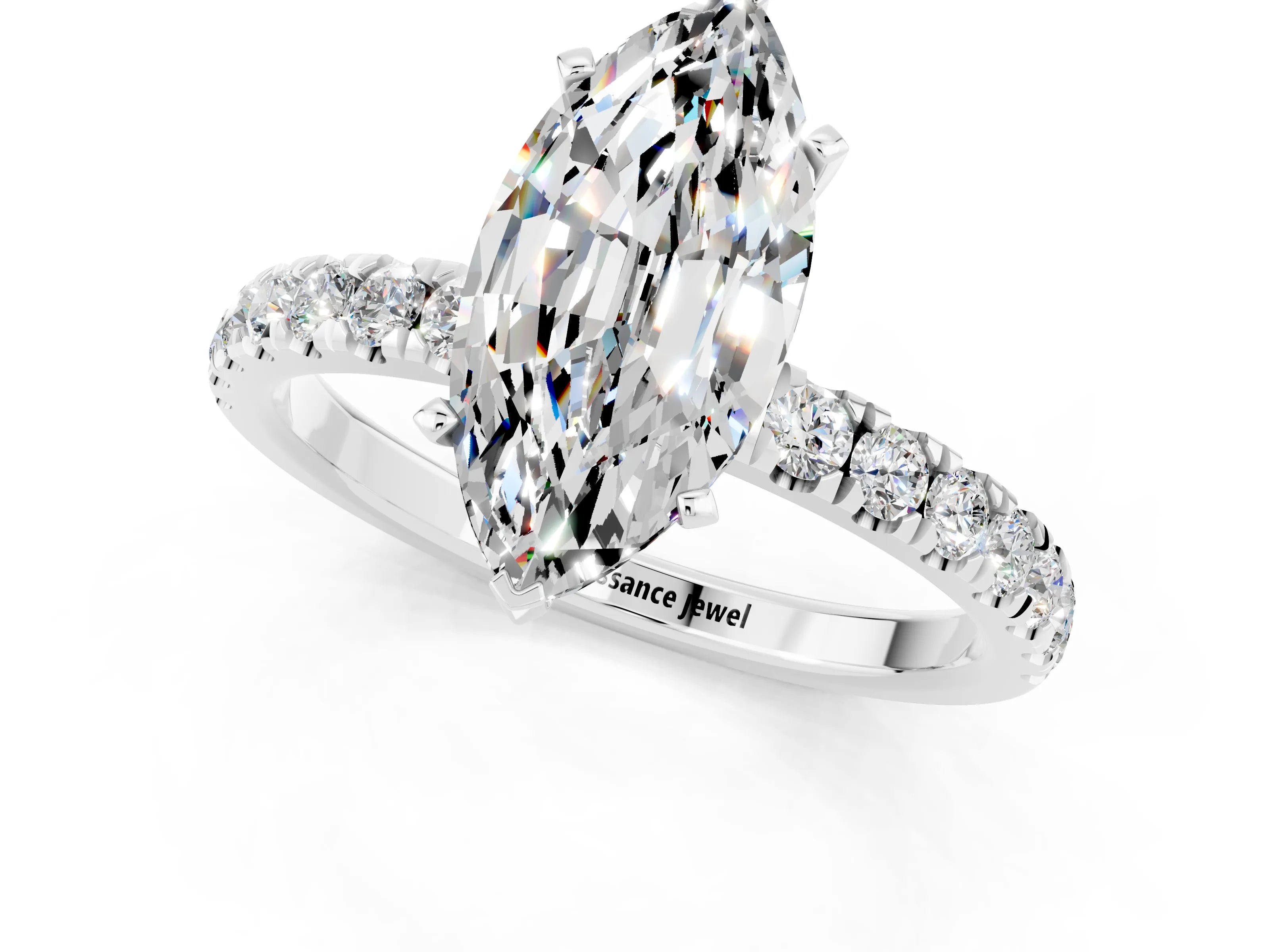 White gold Marquise Cut Moissanite Solitaire Ring with Pavé Accents and Four-Prong Setting_1