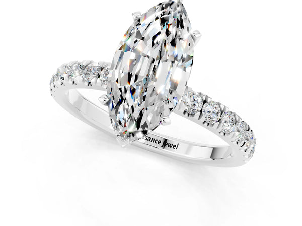 Platinum Marquise Cut Moissanite Solitaire Ring with Pavé Accents and Four-Prong Setting