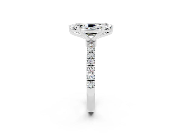 Platinum Marquise Cut Moissanite Solitaire Ring with Pavé Accents and Four-Prong Setting