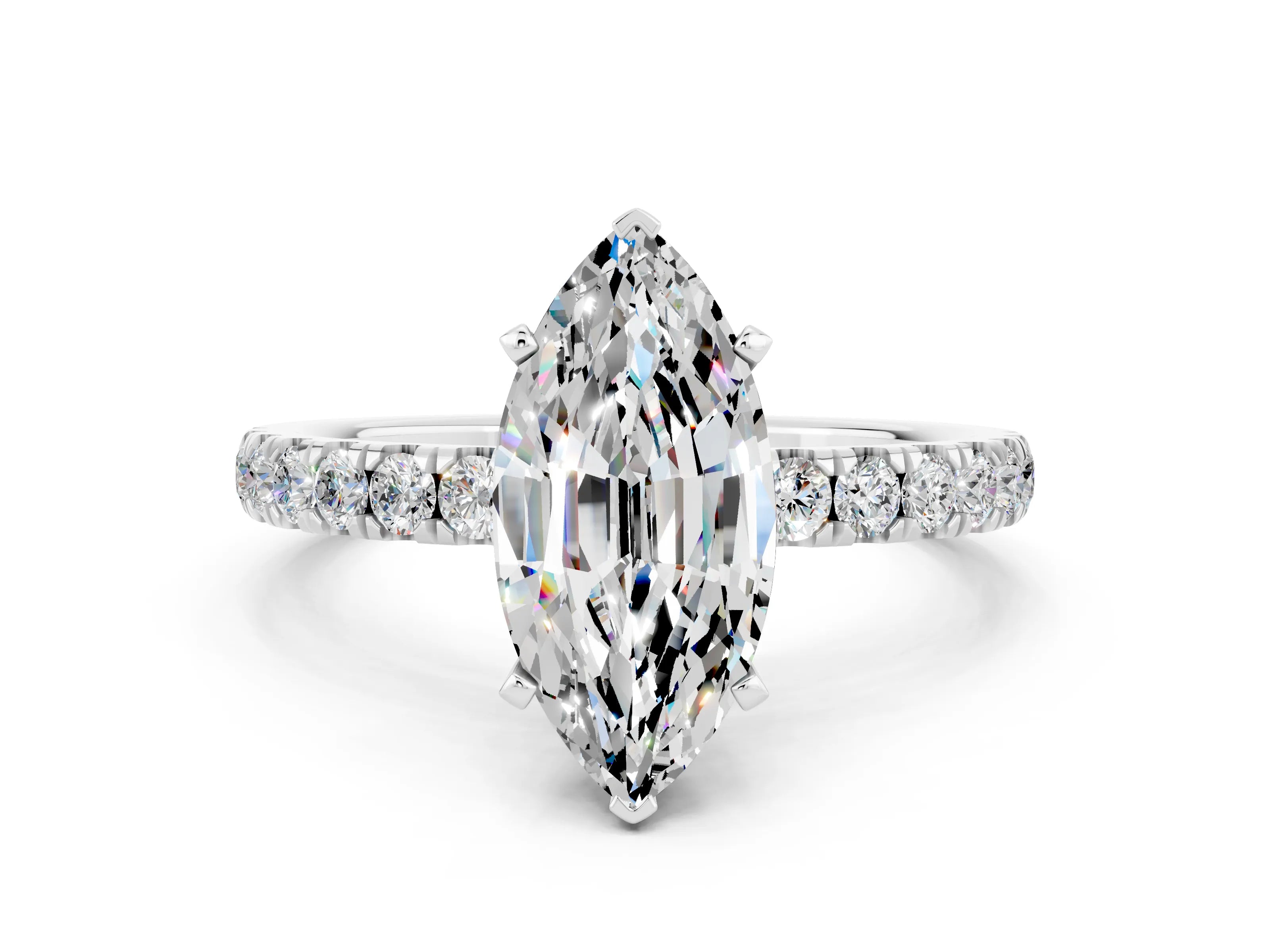 White gold Marquise Cut Moissanite Solitaire Ring with Pavé Accents and Four-Prong Setting