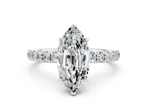 White gold Marquise Cut Moissanite Solitaire Ring with Pavé Accents and Four-Prong Setting